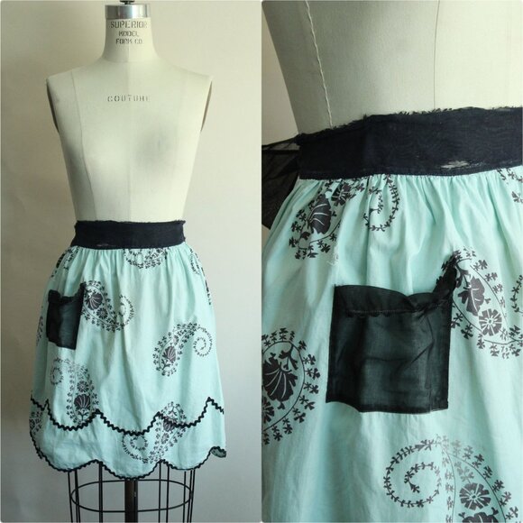 Vintage Accessories - Vintage 1960s Apron, Mint Green and Black Cotton Half Apron with Ricrac Trim
